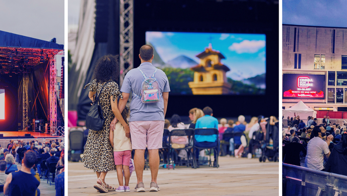 A large group of people watching films on Millennium Square