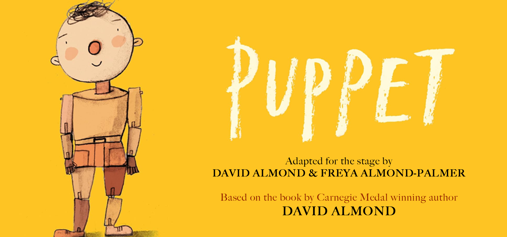 A hand-drawn puppet character smiles against a yellow background