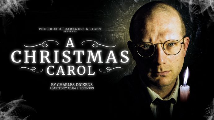 A Christmas Carol - A man looks intensely into the camera while holding a candle. The text 'A Christmas Carol' is written next to him.
