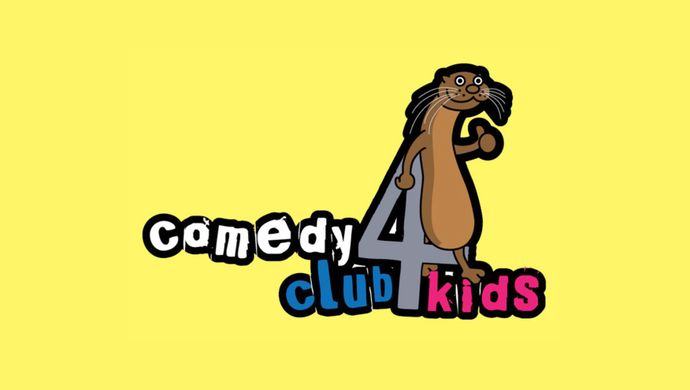 Comedy Club 4 Kids is written on a yellow background, a cartoon otter leans on the 4