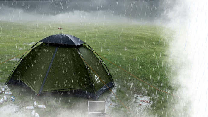 A lone tent sits in a rainy waterlogged field.