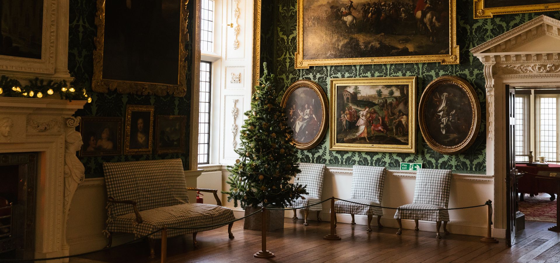 The Picture Gallery of Temple Newsam dressed with festive decorations.