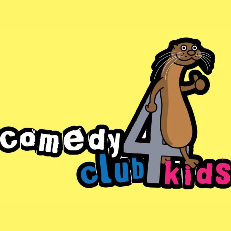 Comedy Club 4 Kids is written on a yellow background, a cartoon otter leans on the 4