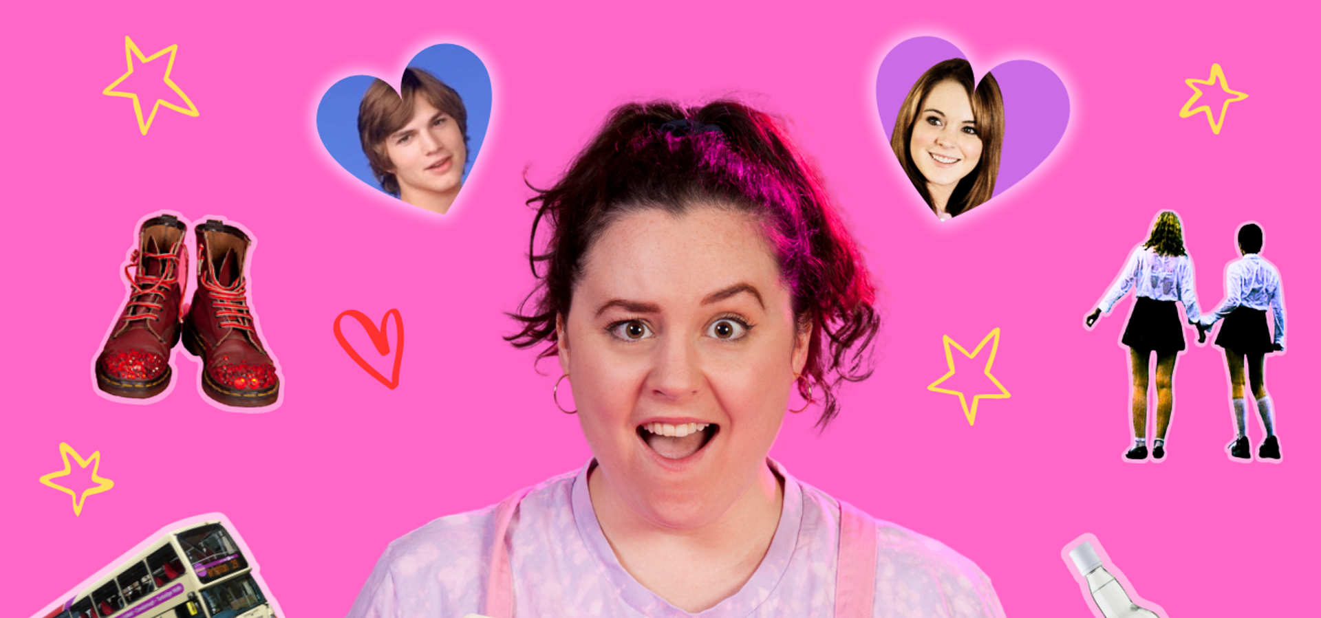 A photo of Beth (a white person with dark hair in a high ponytail, wearing pink dungarees and a lilac tie-dyed t-shirt). Beth is against a pink backdrop, opening a blue diary with a scandalised expression - one eyebrow raised, mouth open in shocked amusement. 